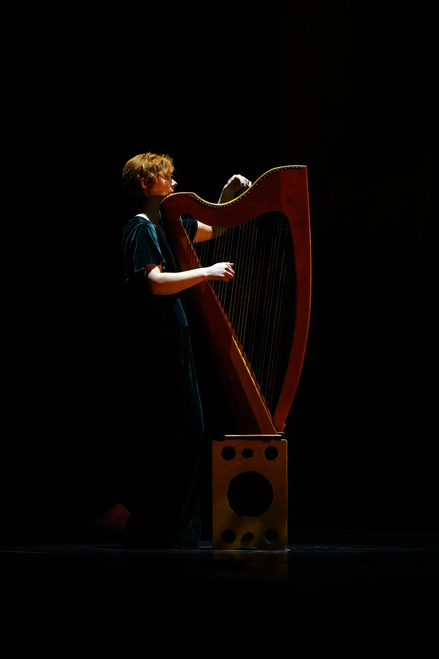 Harp player standing with harp against dark background