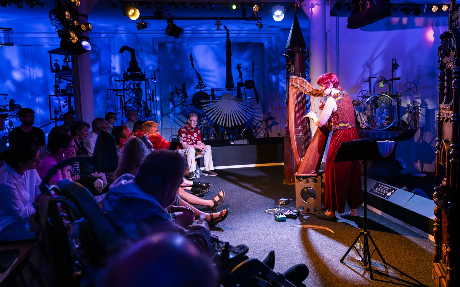 Harpist playing in front of seated audience and colourful background